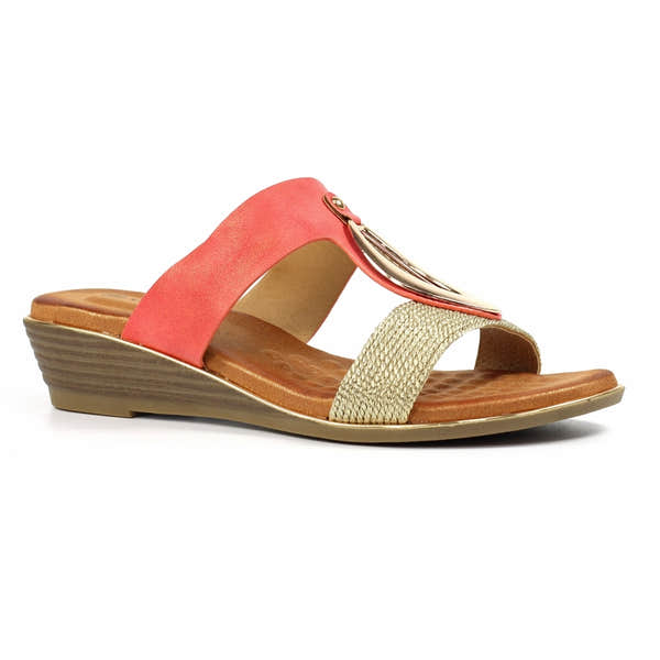 Lunar JLH434 Porto Ladies Coral Slip-On Mules with trendy strap design and comfortable wedge heel.