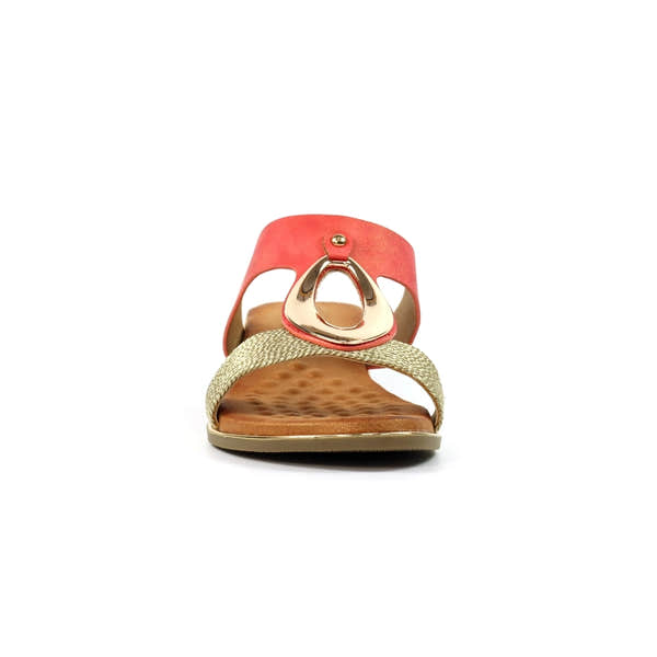 Lunar JLH434 Porto Ladies Coral Slip-On Mules with gold-tone hardware, cushioned insole, and open-toe design.