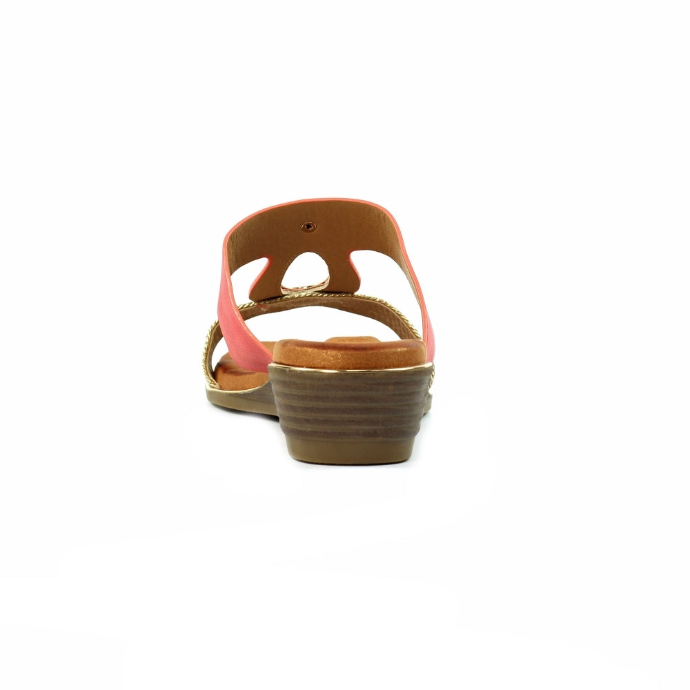 Lunar JLH434 Porto Ladies Coral Slip-On Mules with low block heel and open back, stylish and comfortable women's footwear.