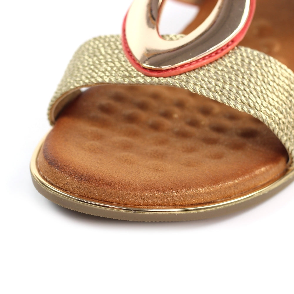 Lunar JLH434 Porto Ladies Coral Slip-On Mules with textured gold strap and cushioned brown footbed.