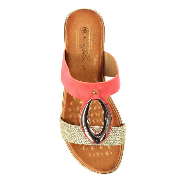 Lunar JLH434 Porto Ladies Coral Slip-On Mules with embellished metallic buckle, beige strap, and open Toe design.