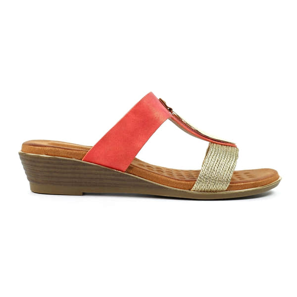 Lunar JLH434 Porto Ladies Coral Slip-On Mules with gold and coral straps, cushioned footbed, and low wedge heel.