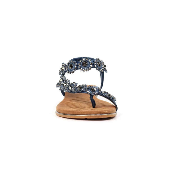 Lunar JLH455 Charlotte II Ladies Navy Sandals with elastic straps and embellished floral details.