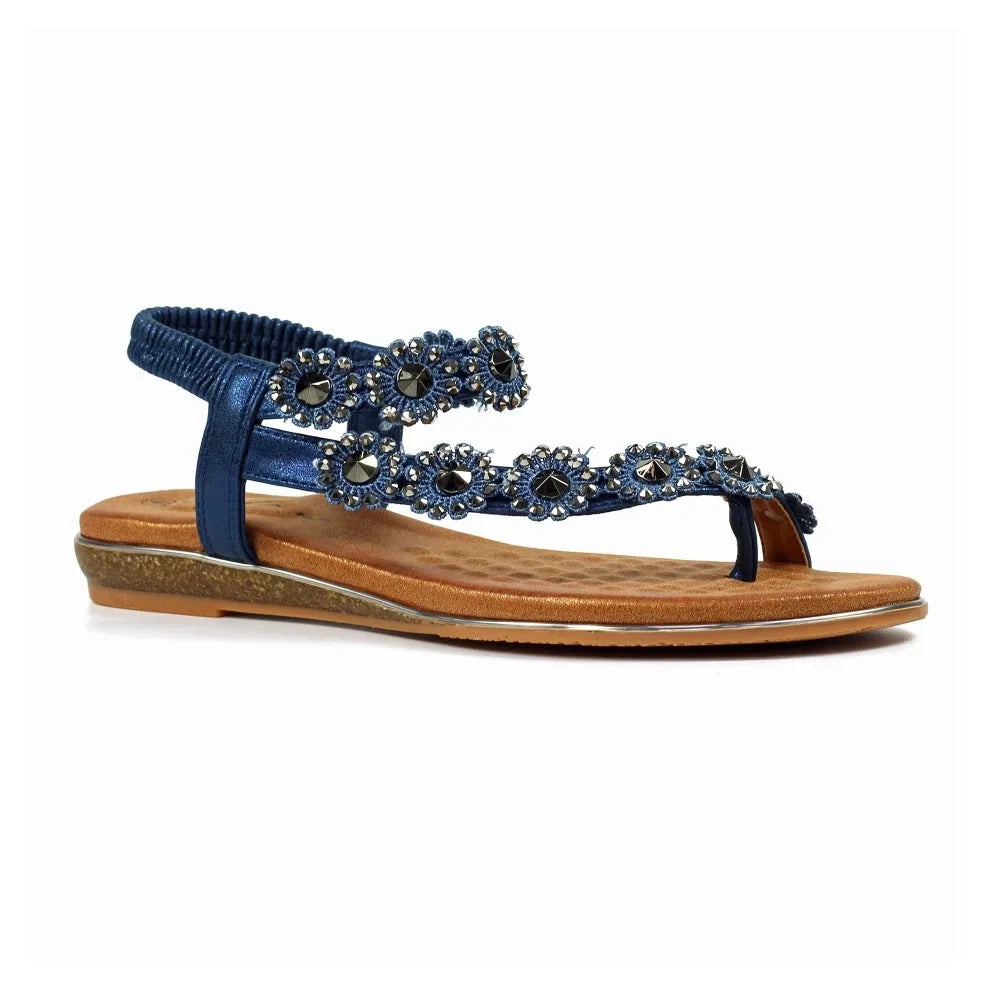 Lunar JLH455 Charlotte II Ladies Navy Sandals with elasticated straps and embellished floral design, flat sole, feminine summer footwear.
