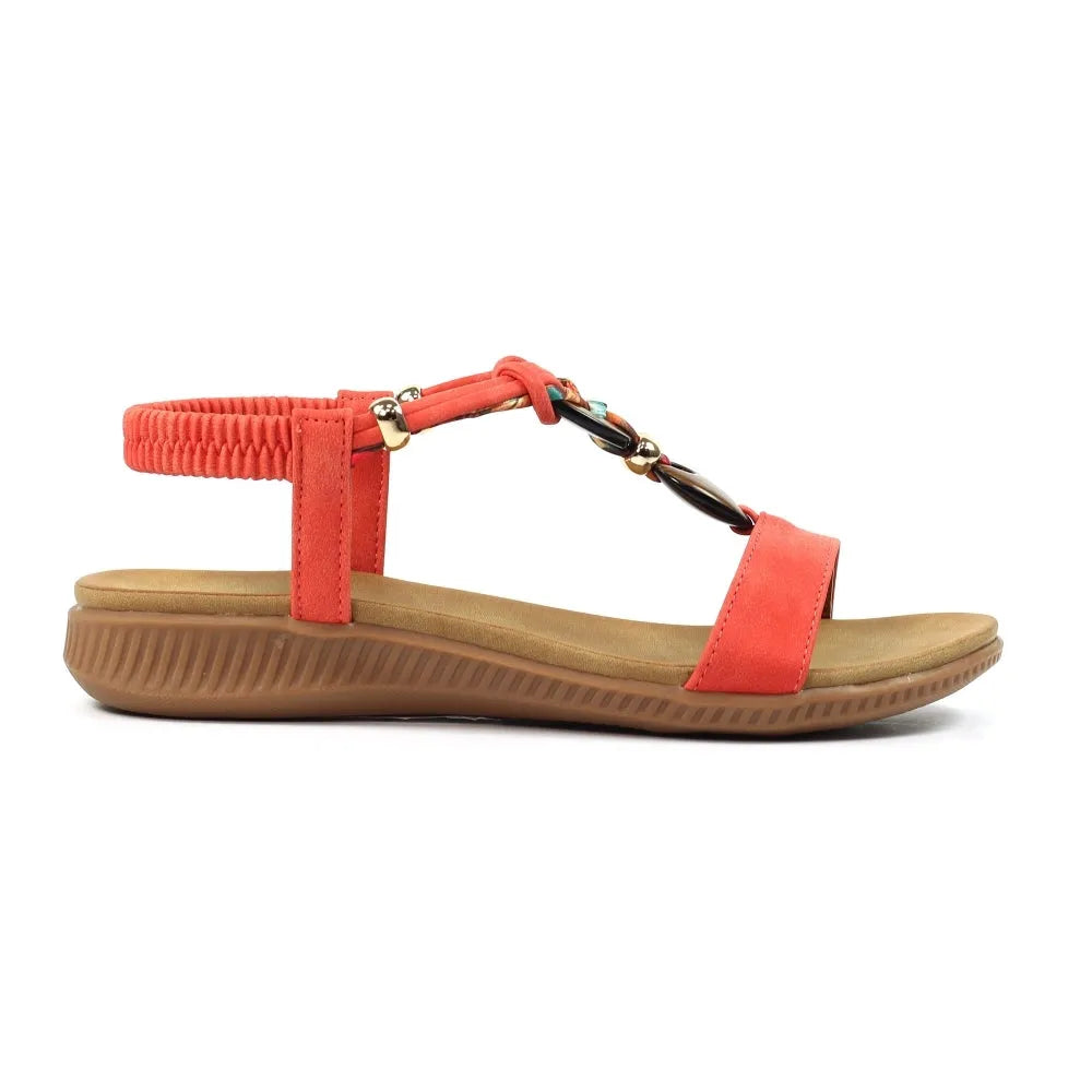 Lunar JLH475 Brava Ladies Orange Elasticated Sandals with trendy chain detail and cushioned sole.
