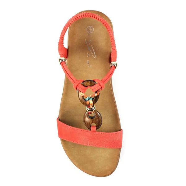 Lunar JLH475 Brava Ladies Orange Elasticated Sandals with wooden decorative accents and open toe design.