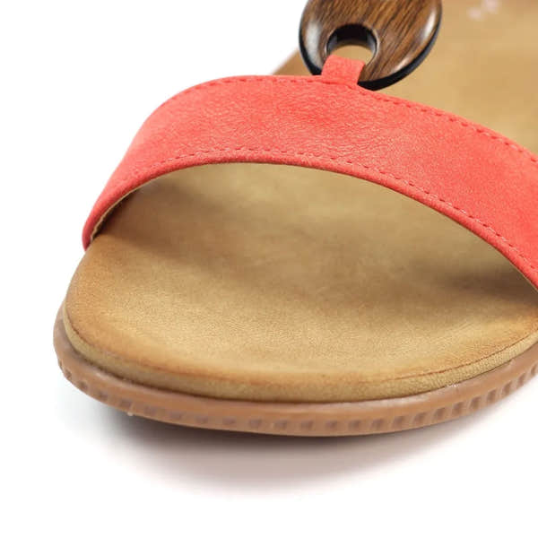 Lunar JLH475 Brava Ladies Orange Elasticated Sandals with cushioned footbed and wooden accent strap.