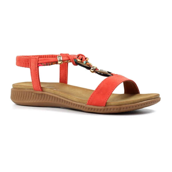 Lunar JLH475 Brava Ladies orange elasticated and chain sandal with cushioned sole and flat outsole.