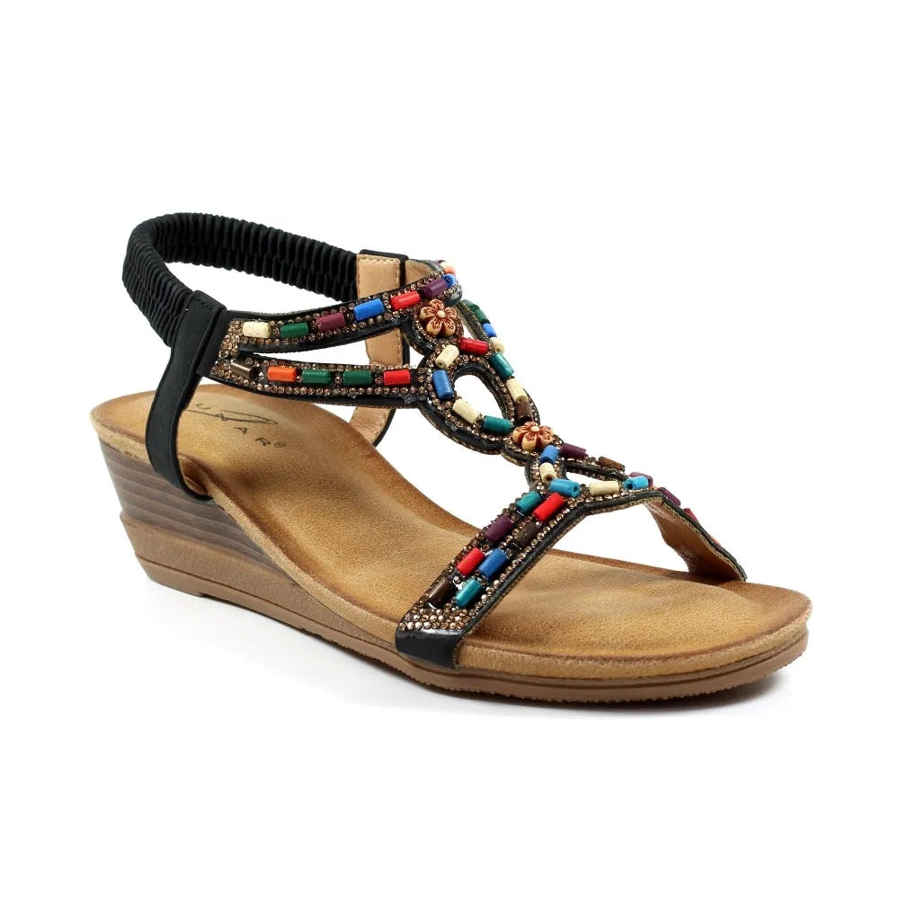 Lunar JLH478 Epsom Ladies Black Elasticated Beaded Sandals with Embellished T-Strap, mid-heel, and comfortable sole.
