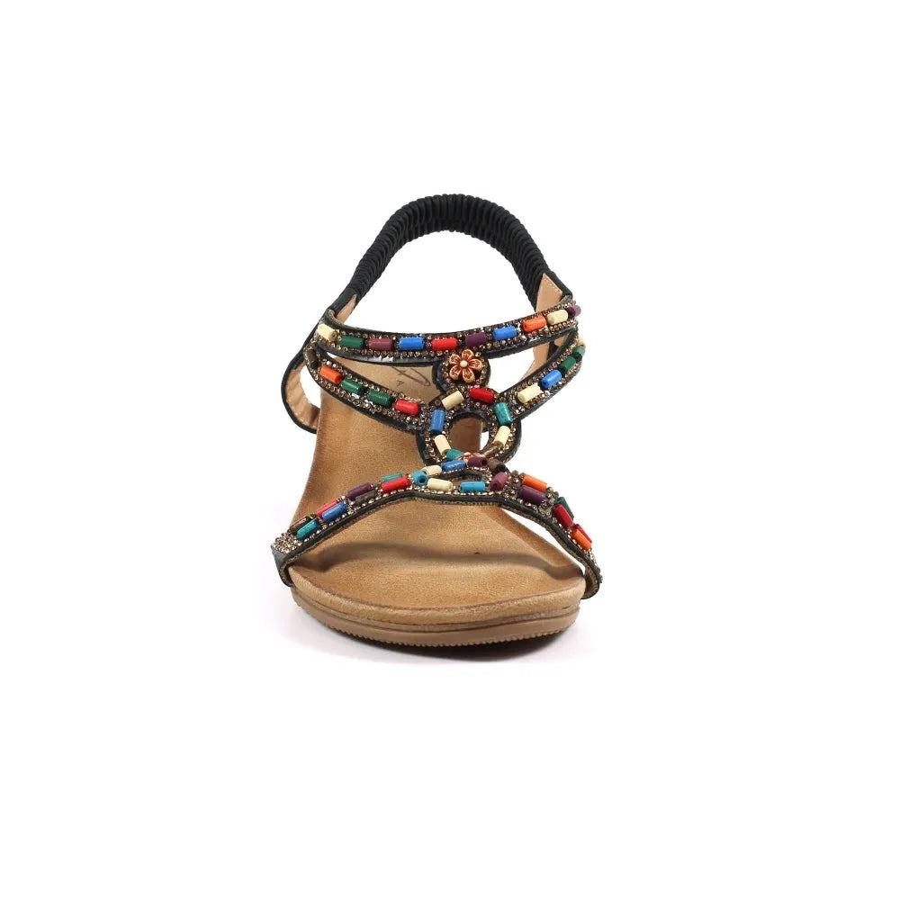 Lunar JLH478 Epsom Ladies Black Beaded Elasticated Sandals with decorative multicolored beads and open toe design.