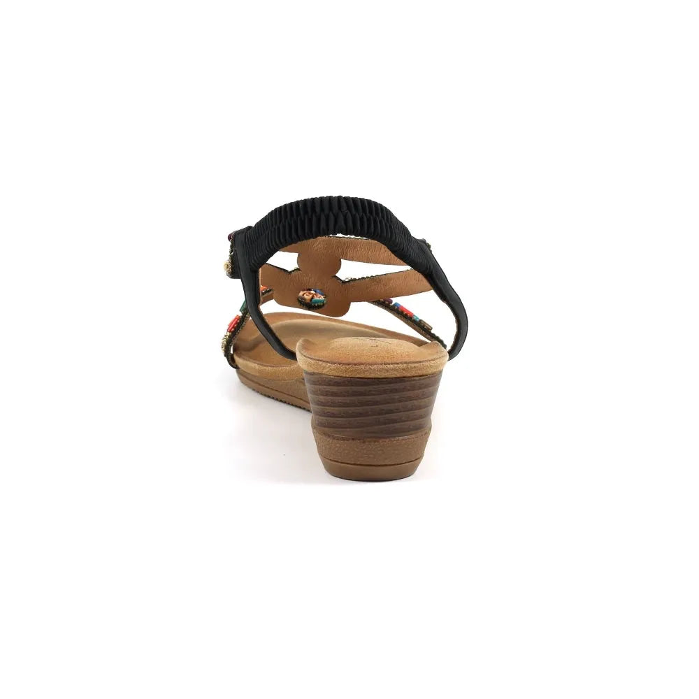 Lunar JLH478 Epsom Ladies Black Elasticated Sandals with low block heel and open toe.