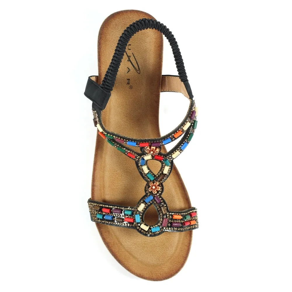 Lunar JLH478 Epsom Ladies Black Elasticated Beaded Sandals, open-toe style with colorful beaded embellishments and elastic strap for comfort.