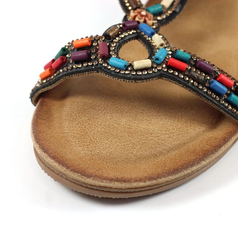 Lunar JLH478 Epsom Ladies black elasticated sandals with colorful beaded embellishments and cushioned footbed.