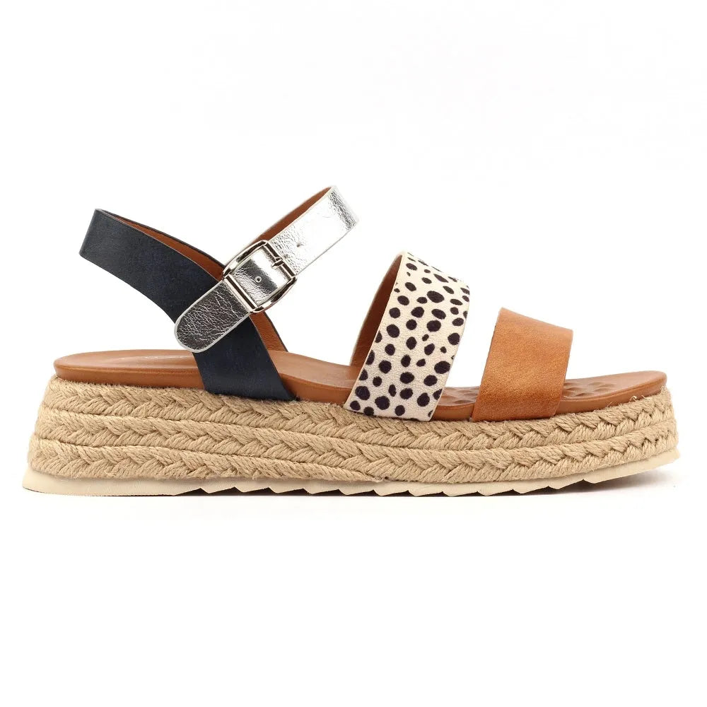 Lunar JLH493 summer ladies' tan touch fastening sandals with woven platform sole, animal print, and adjustable straps.