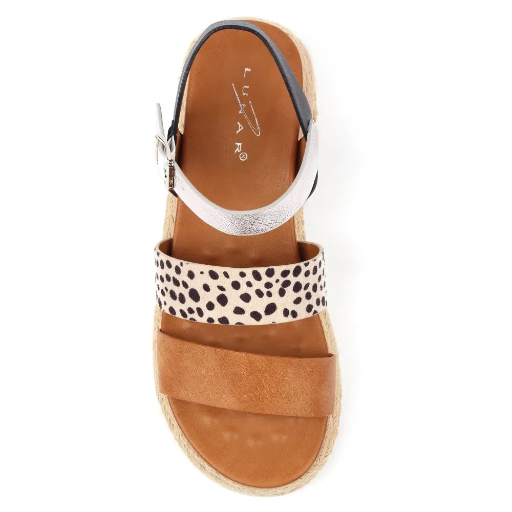 Lunar JLH493 summer women's tan touch fastening sandals with polka dot and plain straps, cushioned footbed, and espadrille-wrapped sole.