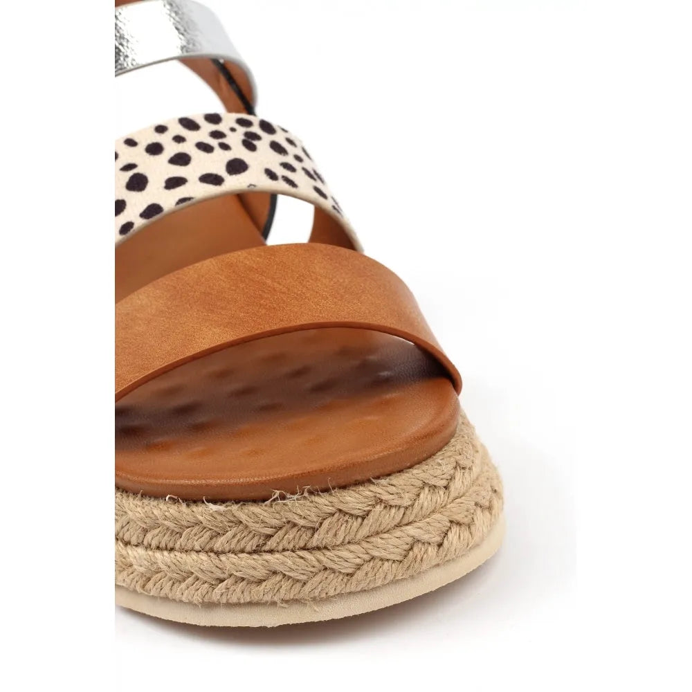 Lunar JLH493 summer ladies tan touch fastening sandals with braided jute sole and mixed strap design.