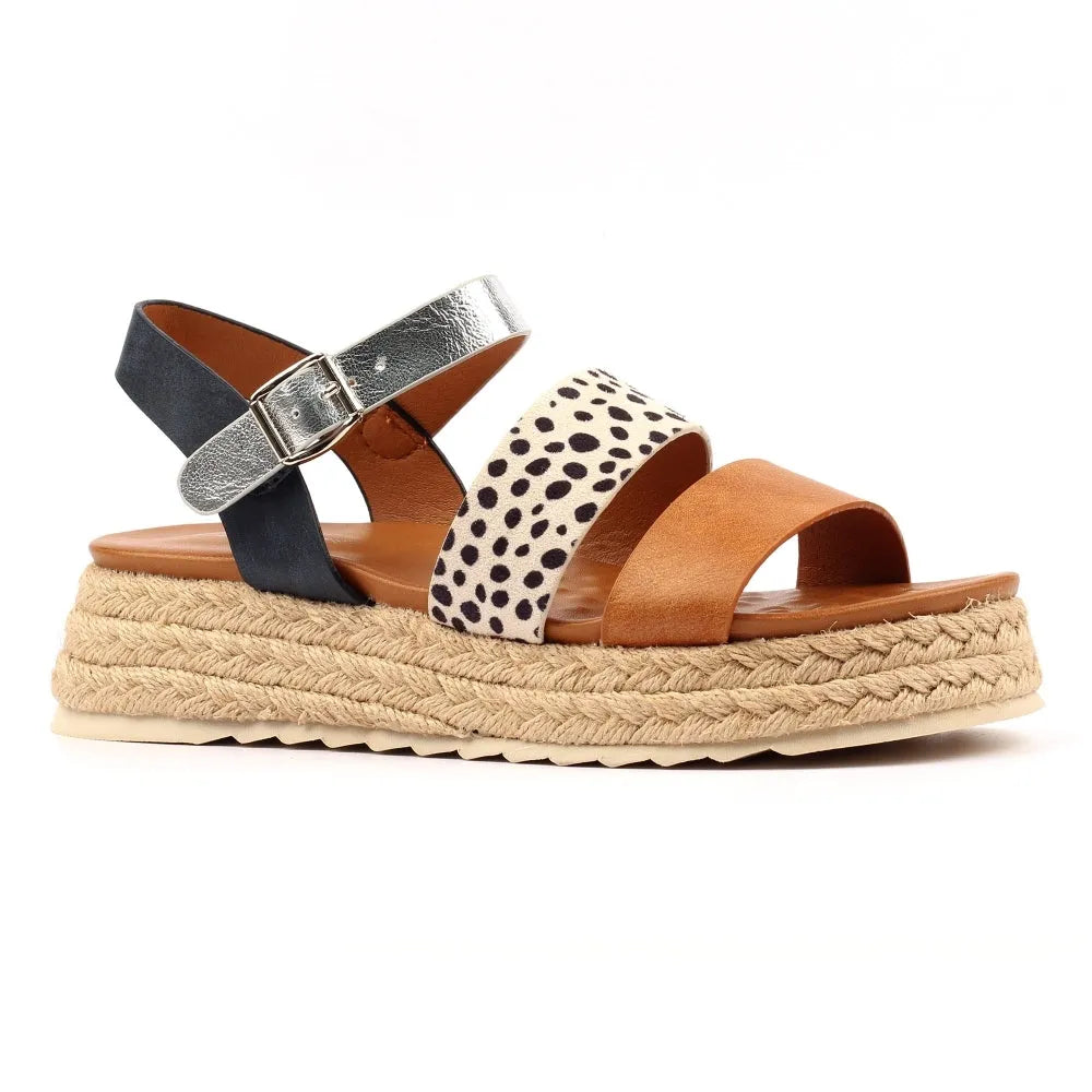 Lunar JLH493 summer ladies' tan touch fastening sandals with multi-strap design and woven espadrille sole.