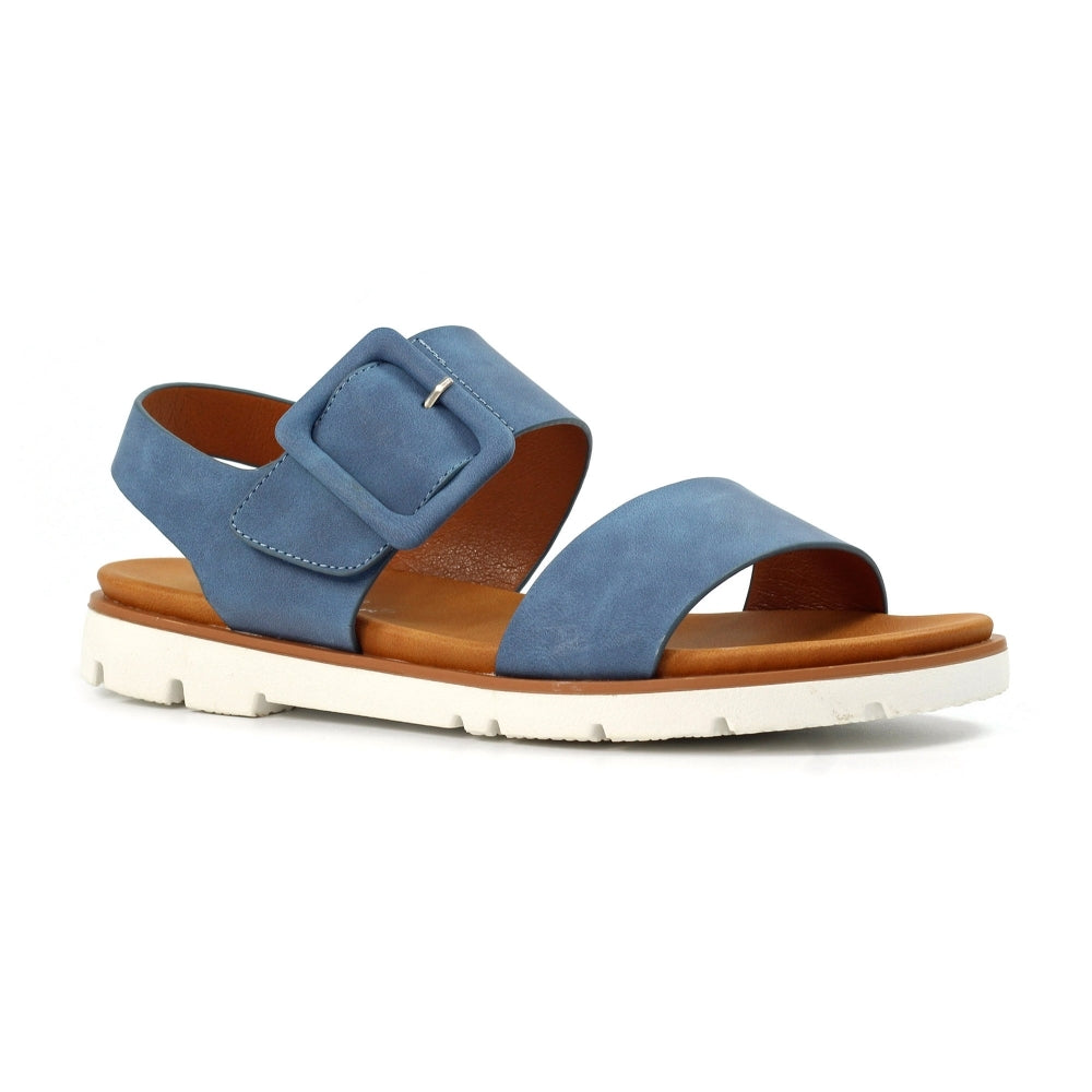 Lunar JLH517 Cher Ladies Blue Touch Fastening Sandals with adjustable strap and white sole.