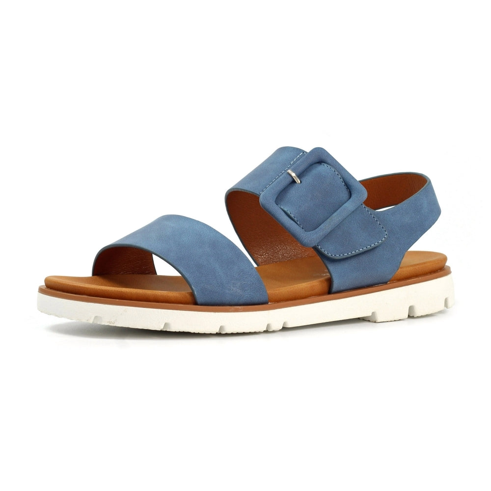 Lunar JLH517 Cher Ladies Blue Touch Fastening Sandals with adjustable buckle, cushioned footbed, and white rubber sole.