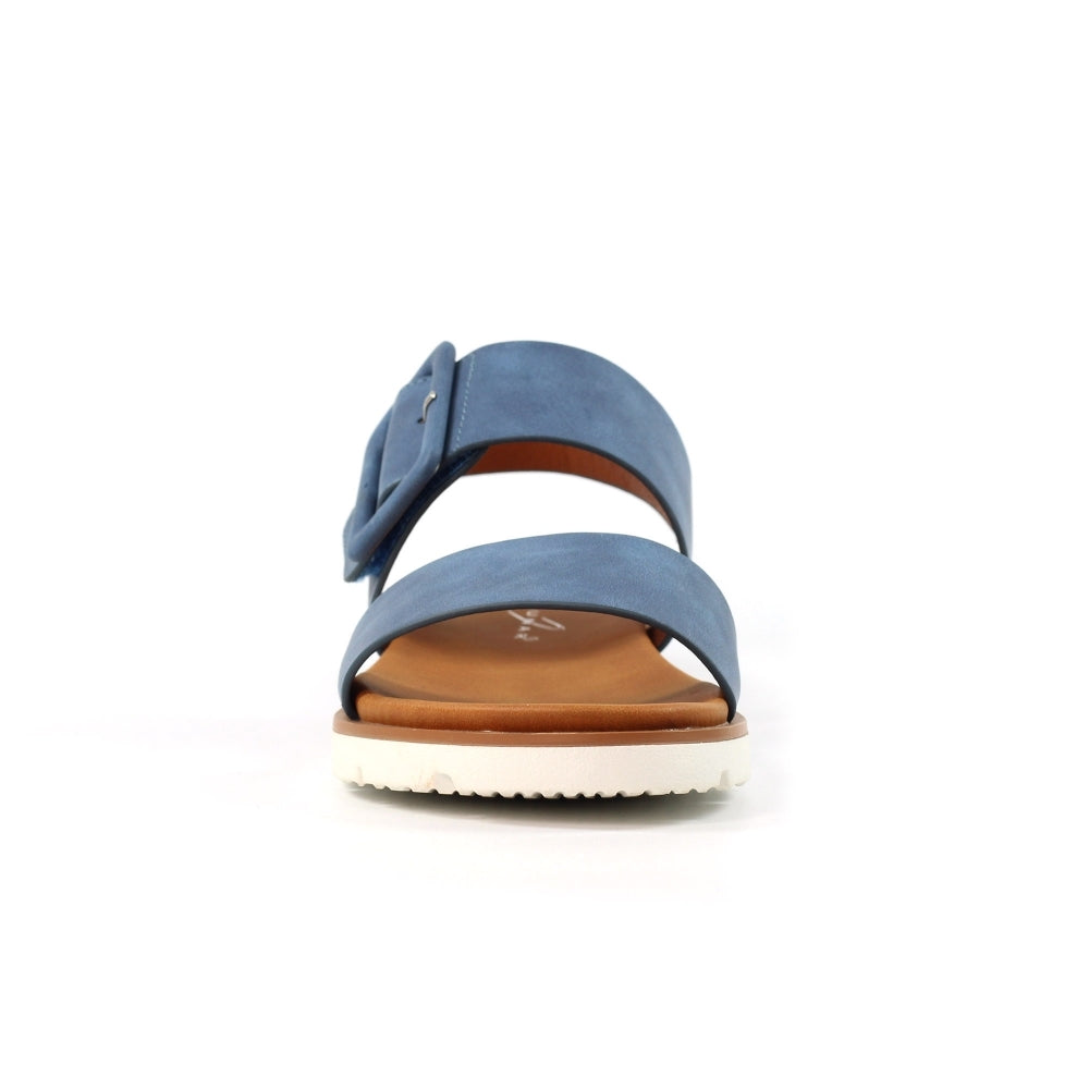 Lunar JLH517 Cher Ladies Blue Touch Fastening Sandals, open-toe, slip-on summer footwear with adjustable strap and cushioned sole.