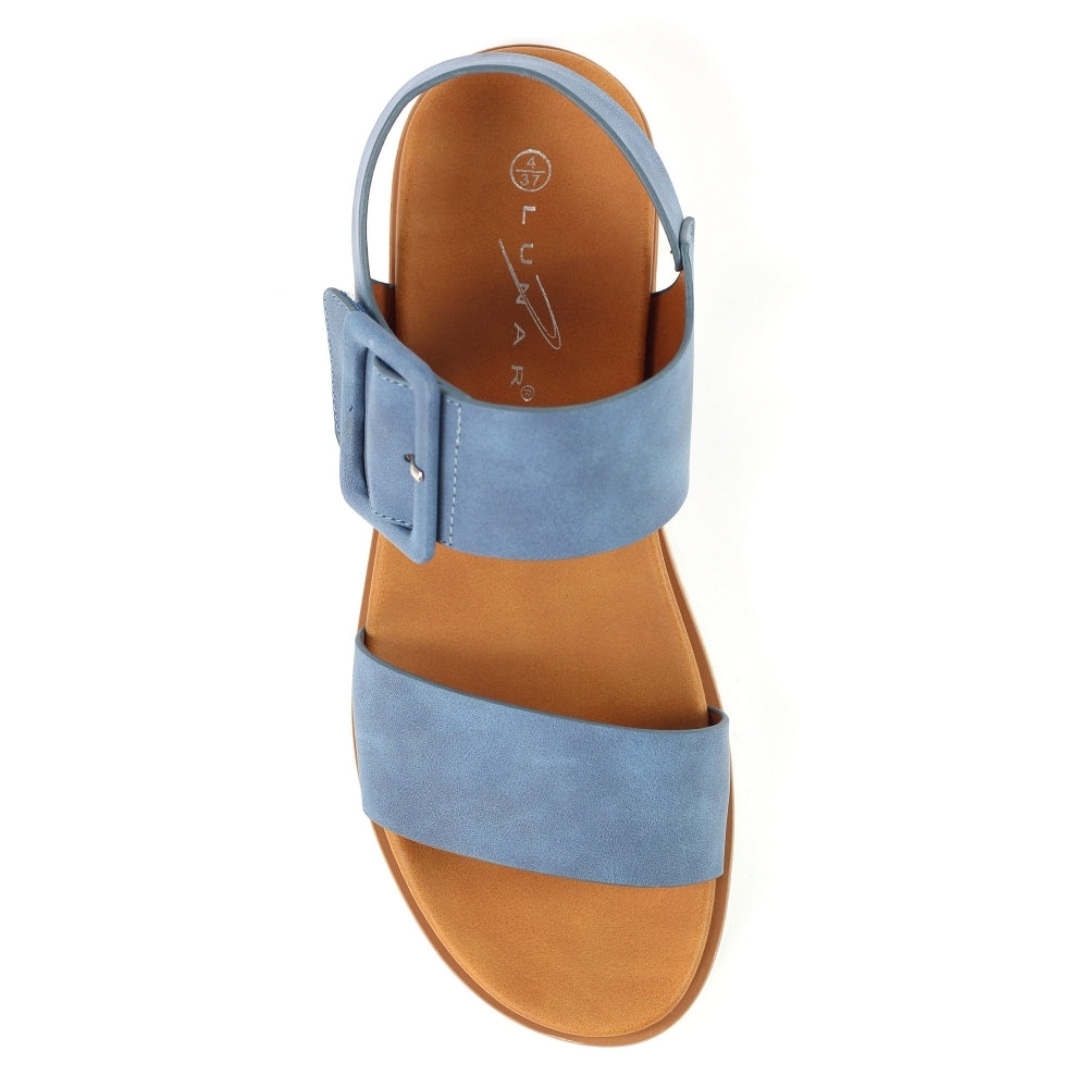 Lunar JLH517 Cher Ladies Blue Touch Fastening Sandals with ankle strap and open toe design.