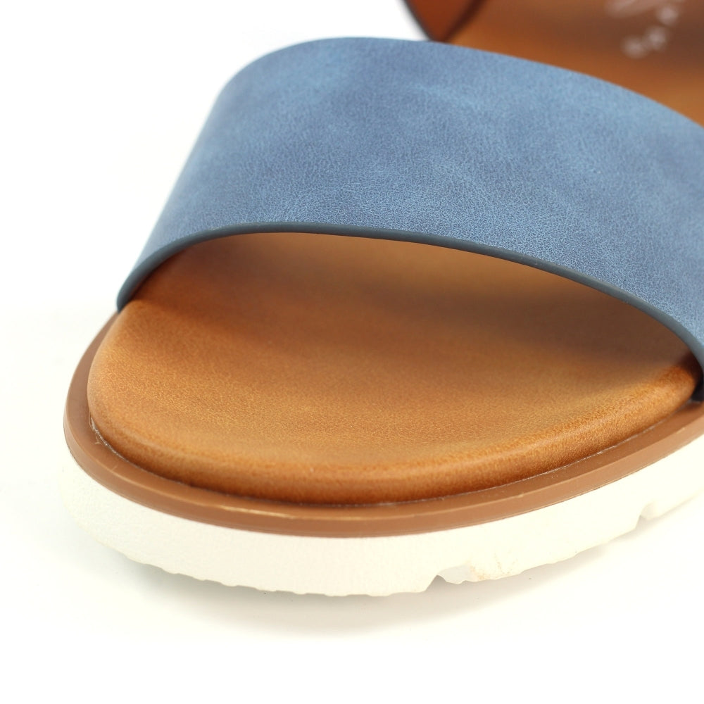 Lunar JLH517 Cher Ladies Blue Touch Fastening Sandals, open-toe design with blue strap and cushioned tan insole.