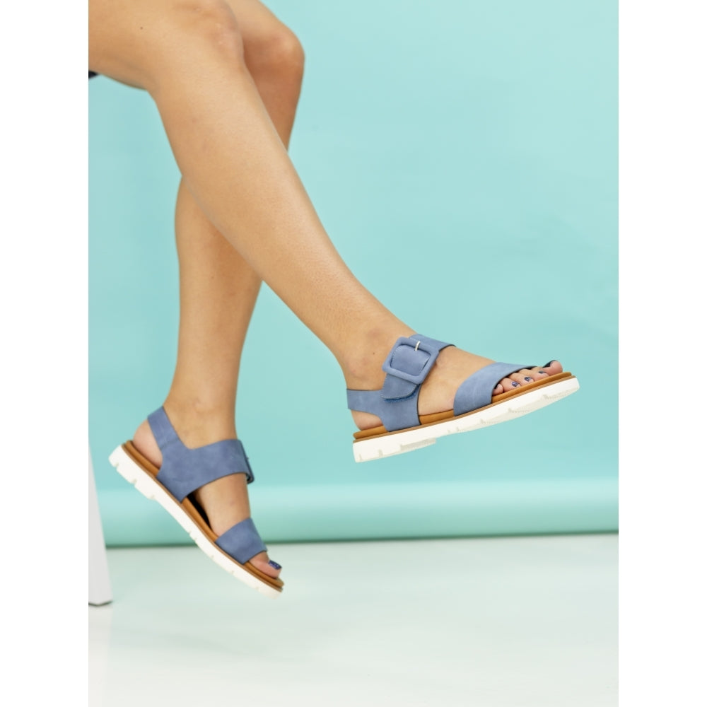 Lunar JLH517 Cher Ladies Blue Touch Fastening Sandals with adjustable strap and white sole.