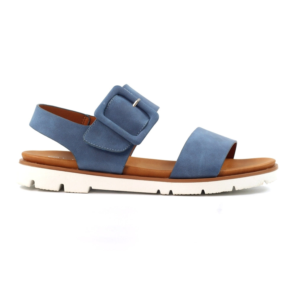 Lunar JLH517 Cher Ladies Blue Touch Fastening Sandals with ankle strap, buckle detail, cushioned brown insole, and white rubber outsole.