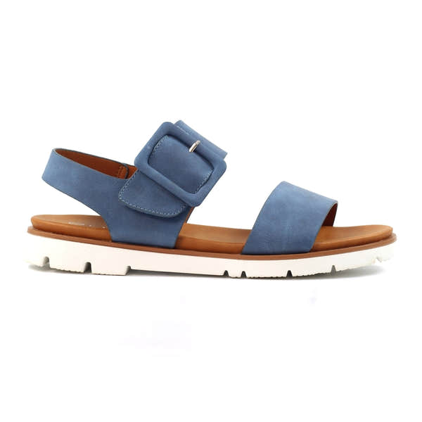 Lunar JLH517 Cher Ladies Blue Touch Fastening Sandals with ankle strap, buckle detail, cushioned brown insole, and white rubber outsole.