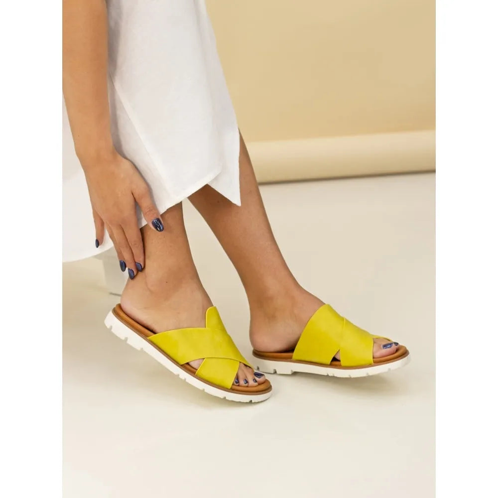 Lunar JLH518 Chloe Ladies Lime Slip-On Mules with yellow upper straps and white sole, casual and stylish women's footwear.