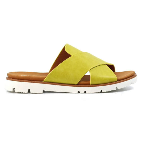 Lunar JLH518 Chloe Ladies Lime Slip-On Mules, open-toe summer footwear with wide yellow straps and white sole.