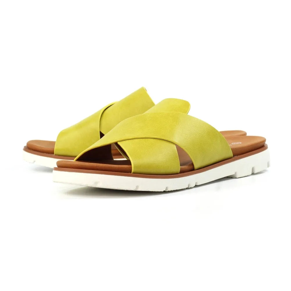 Lunar JLH518 Chloe Ladies Lime Slip-On Mules, open-toe slip-ons with yellow uppers, brown footbed, and white rubber sole.