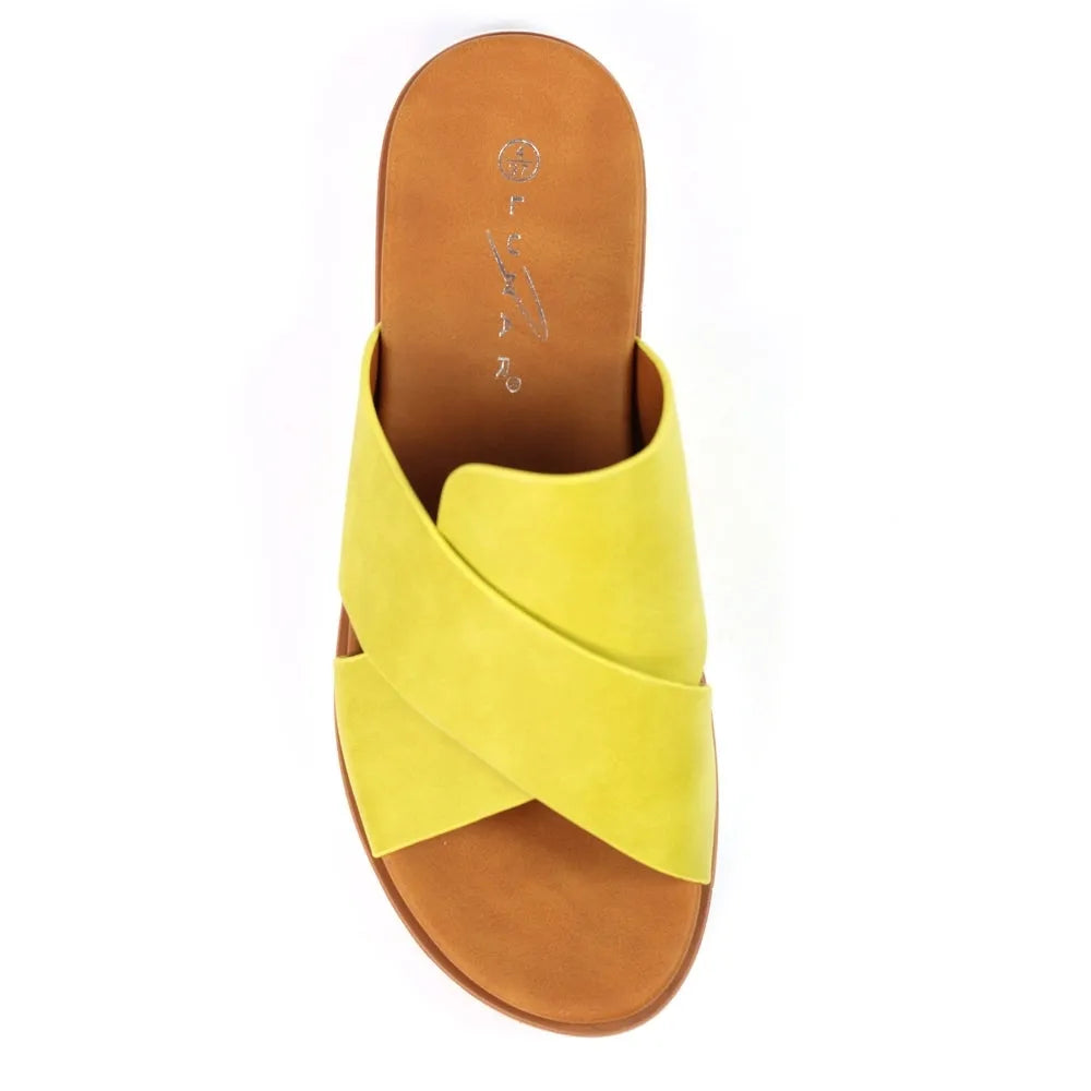 Lunar JLH518 Chloe Ladies Lime Slip-On Mules with yellow crossover straps and tan sole, stylish casual footwear for women.