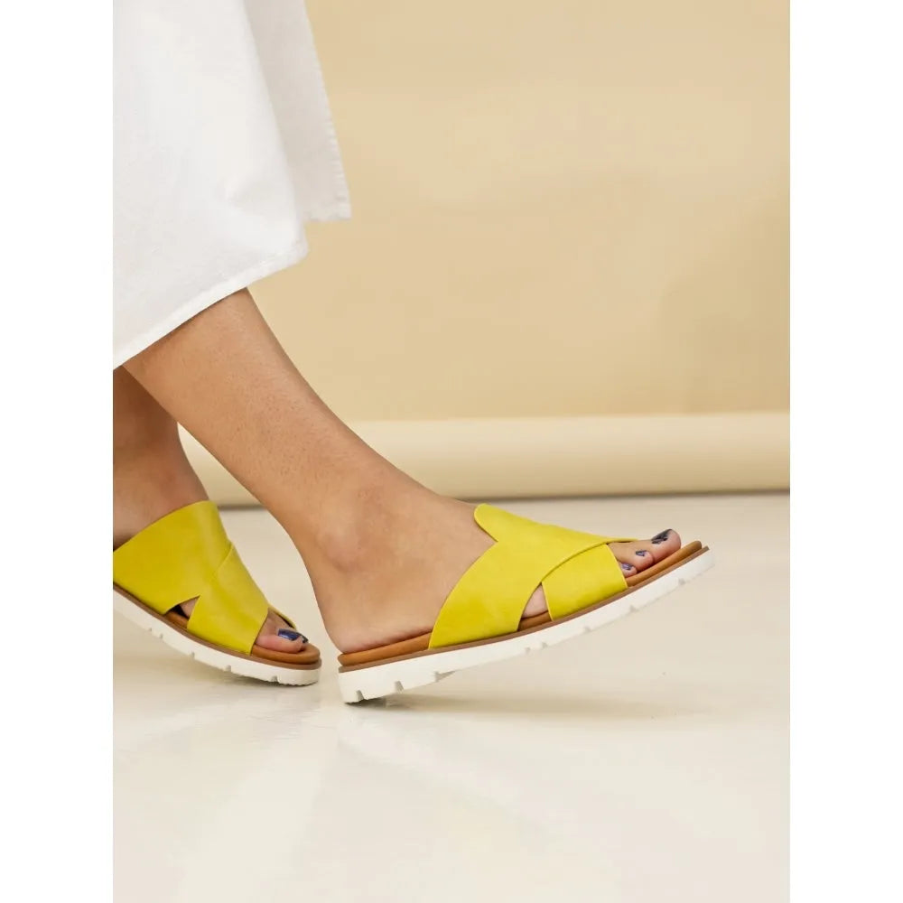 Lunar JLH518 Chloe Ladies Lime Slip-On Mules with open toe design and white sole, stylish slip-on footwear for women.