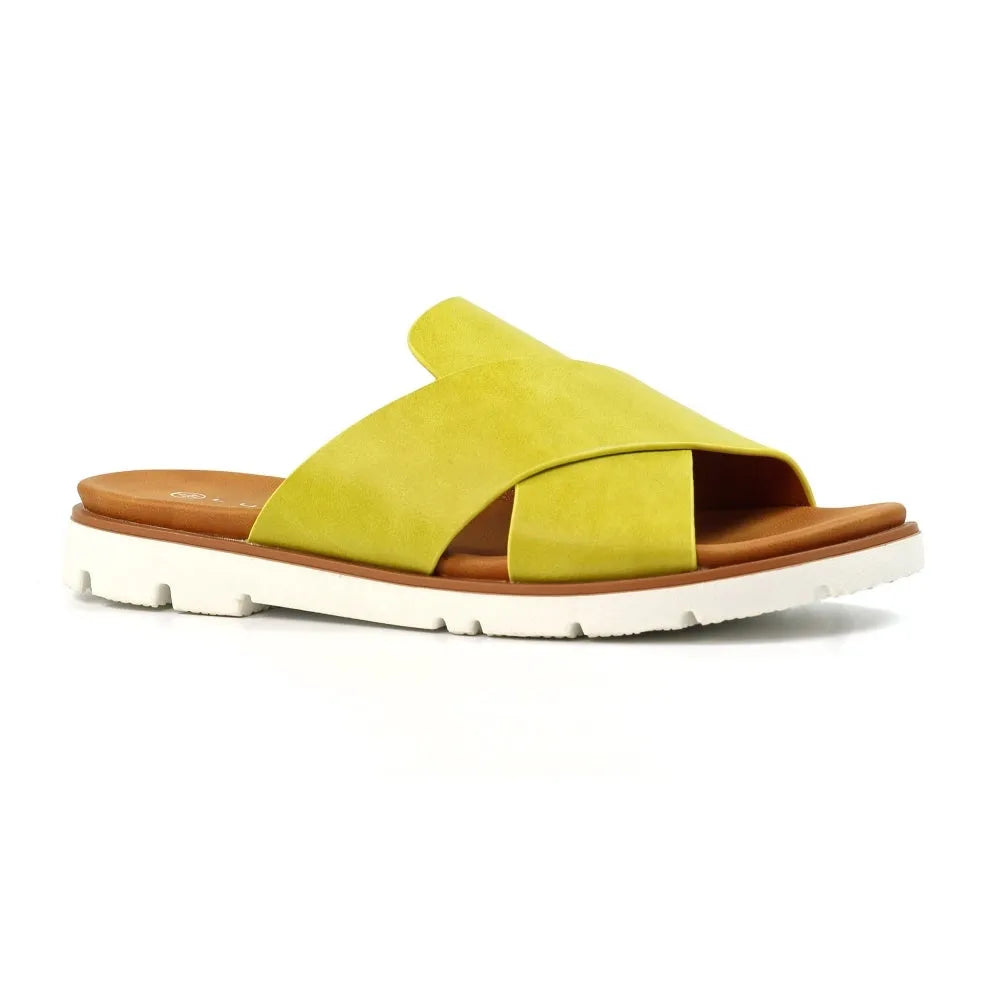 Lunar JLH518 Chloe Ladies Lime Slip-On Mules with cross-over design, cushioned footbed, and chunky white sole.