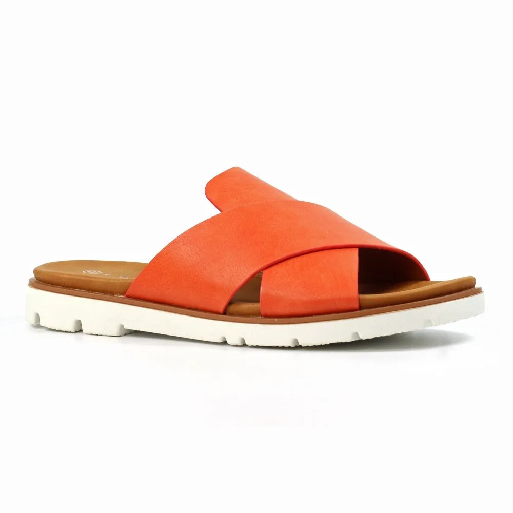 Lunar JLH518 Chloe Ladies Orange Slip-On Mules, open-toe slides with wide strap, cushioned footbed, and white outsole for casual wear.