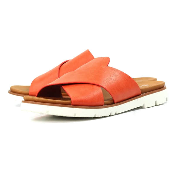 Lunar JLH518 Chloe Ladies Orange Slip-On Mules with crossover straps and white cushioned sole.