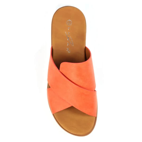 Lunar JLH518 Chloe Ladies Orange Slip-On Mules with crisscross straps and open toe, casual women's footwear.