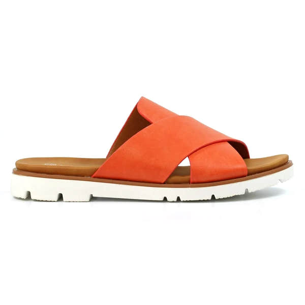 Lunar JLH518 Chloe Ladies Orange Slip-On Mules with wide straps, cushioned footbed, and white rugged sole.