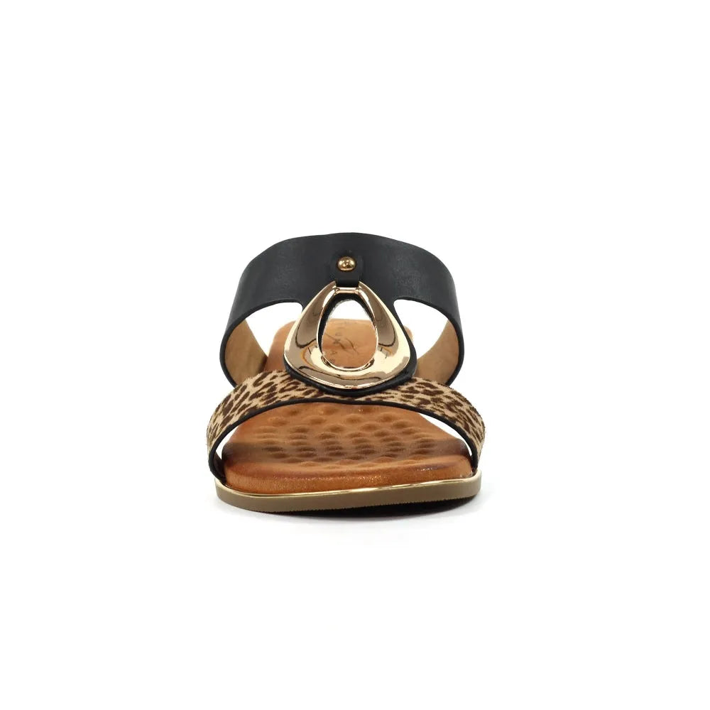 Black slip-on mules featuring a leopard print band, a stylish gold accent, and a comfortable cushioned insole.
