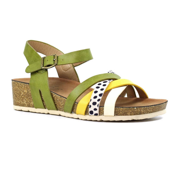 Lunar JLH527 Selina Ladies Green Buckle Sandals with multicolor straps and cork wedge sole.