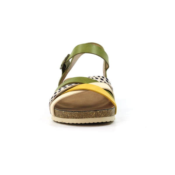 Lunar JLH527 Selina Ladies Green Buckle Sandals with yellow, black, and white patterned straps and cushioned footbed.