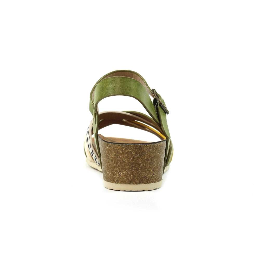 Lunar JLH527 Selina women's green buckle sandals with cork wedge heel and animal print accents.