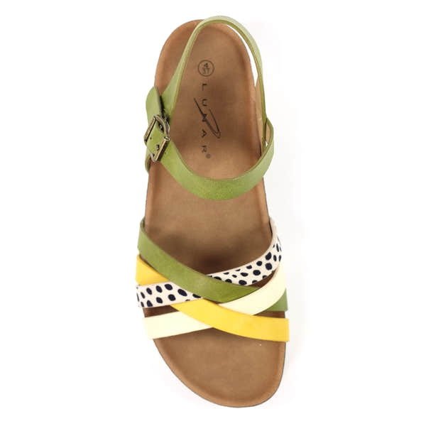 Lunar JLH527 Selina women's green buckle sandals with multicolor straps and polka dot design.