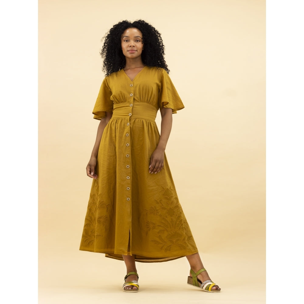 Lunar JLH527 Selina women's green buckle sandals with open toe, ankle strap, and block heel, paired with a mustard yellow maxi dress.