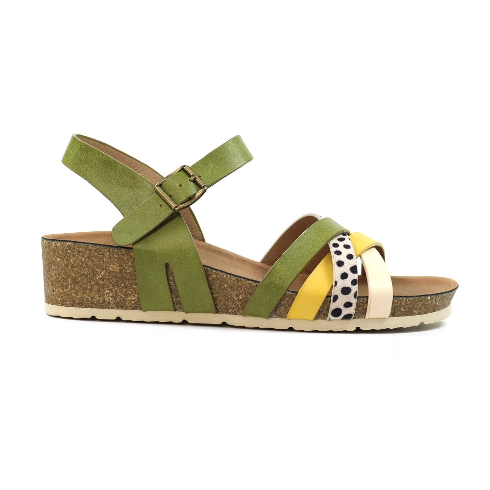 Lunar JLH527 Selina Women's Green Buckle Sandals with multicolor straps and cork wedge heel.