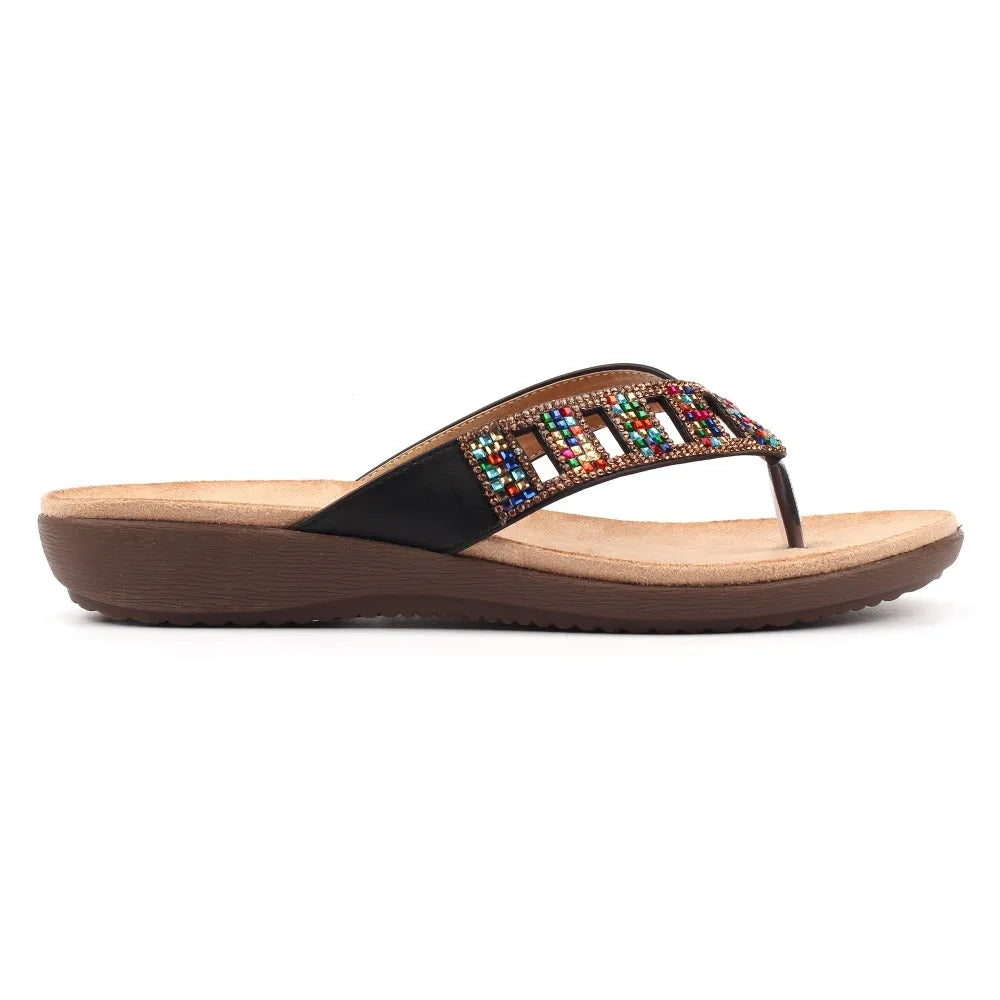 Lunar JLH565 Abigail II women's black slip-on sandals with beaded and rhinestone-embellished straps, cushioned footbed, and rubber sole.