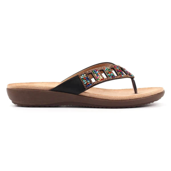 Lunar JLH565 Abigail II women's black slip-on sandals with beaded and rhinestone-embellished straps, cushioned footbed, and rubber sole.