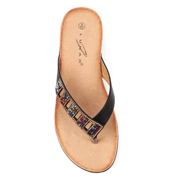 Lunar JLH565 Abigail II Women's Black Slip-On Sandals with beaded strap detail, open toe, and cushioned insole.