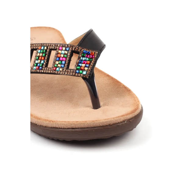 Lunar JLH565 Abigail II women's black slip-on sandals with rhinestone-embellished strap and low heel.